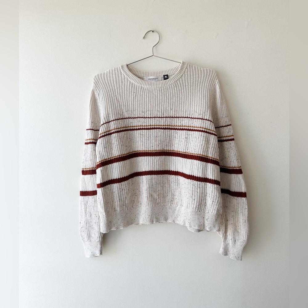 Addition Elle - Cotton Knit Light Crewneck Sweater - Oat/Brown Stripe - Size XL